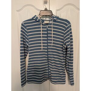 L.L. Bean Womens Blue & White Stripe Zip Front Long Sleeve Hoodie Sweater Small